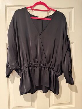 Ramy Brook Black V-Neck Gathered Peplum Blouse